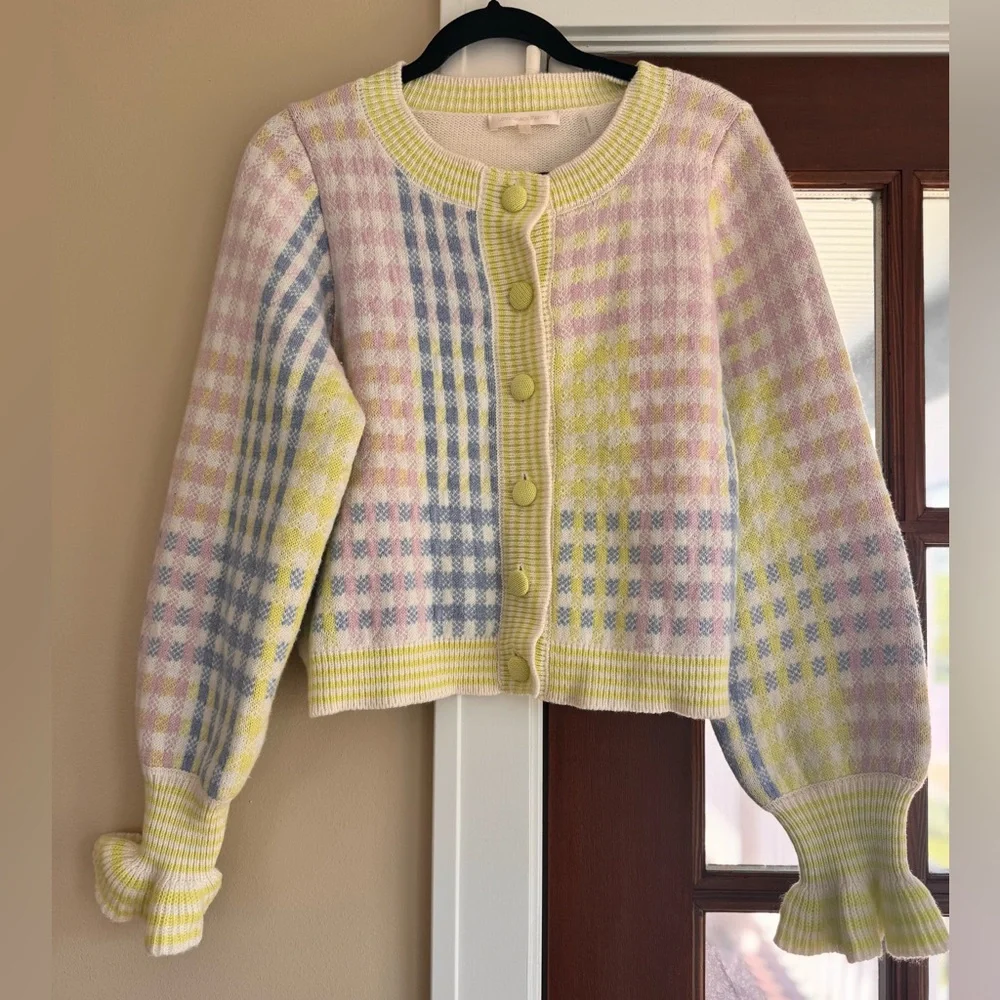 LoveShackFancy $475 Keoni Button Down Cardigan Sweater, Mint Jelly Small plaid - Picture 3 of 9